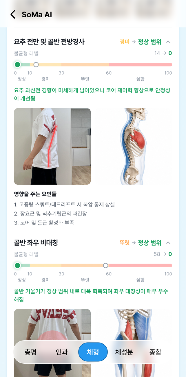 체형 변화 AI 분석 화면